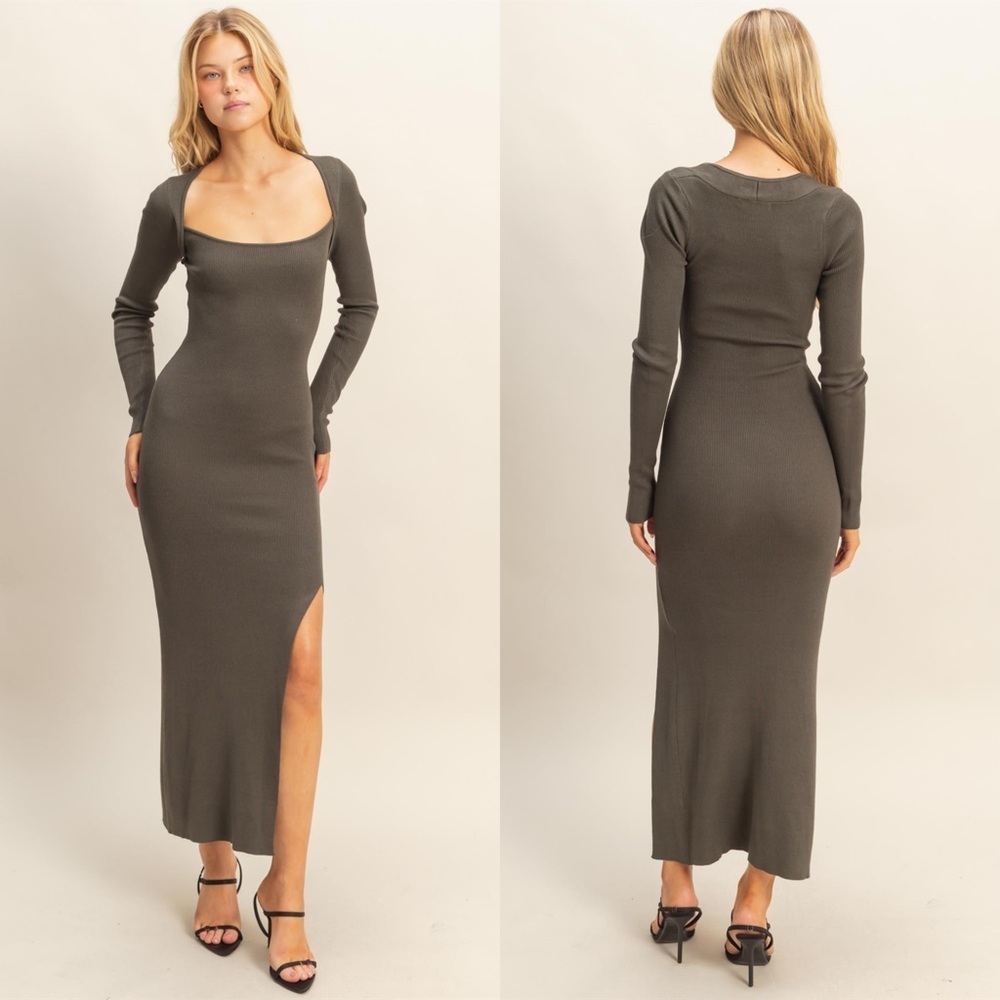 NEW HYFVE Olive Green Ribbed Knit Maxi Dress Side Slit Square Neck Size Medium